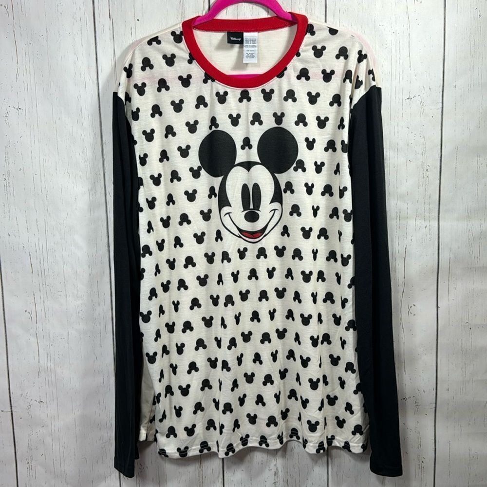 Disney Mickey Mouse Pattern Womens Pajama Shirt Long Sleeve Crewneck Tee Top
